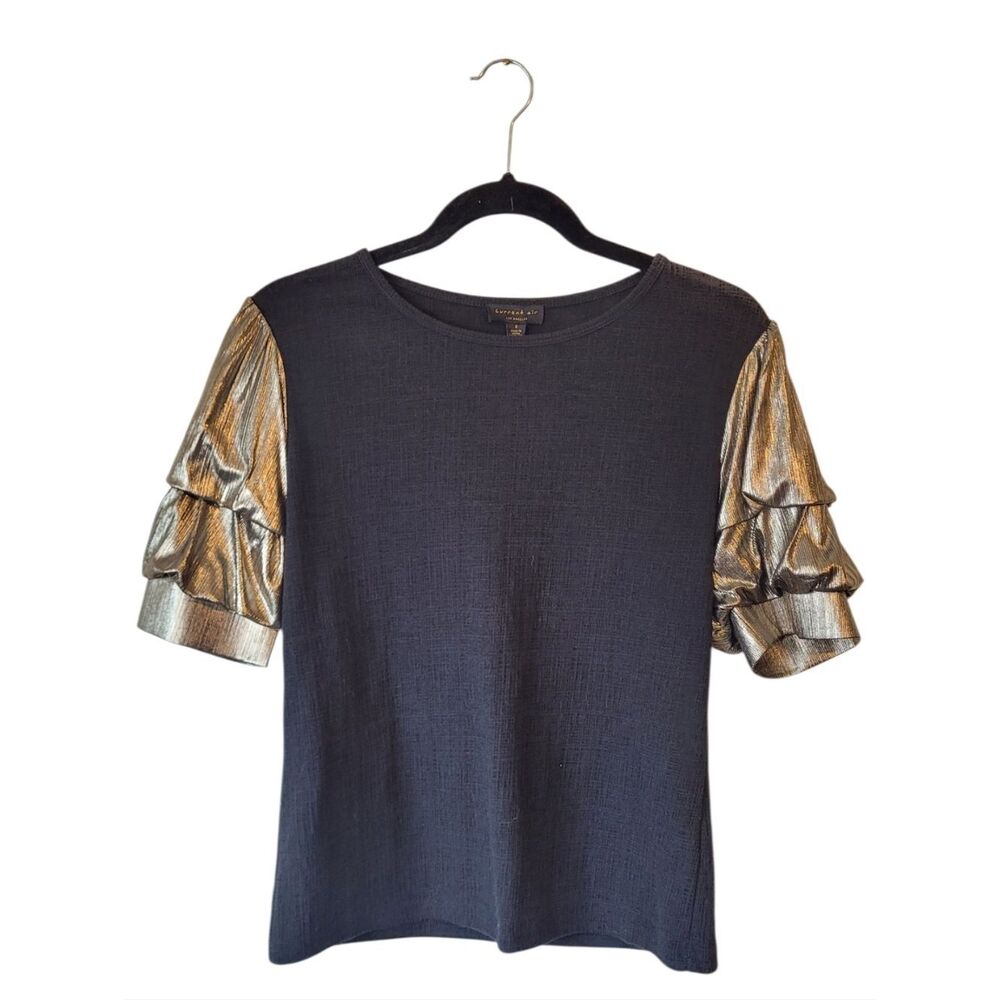 Current Air Anthro Black Top with Metallic Gold Ruffle Sleeves Size S NWT